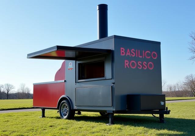 Il nostro moderno forno per pizza mobile, elegante e funzionale, pronto all'opera per un evento all'aperto sotto un cielo azzurro.