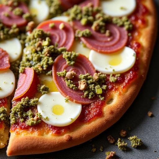 Dettaglio di una pizza gourmet con mortadella di Bologna e granella di pistacchio, pronta per essere gustata.